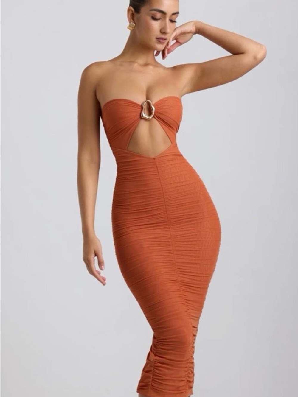Oh Polly Strapless Rust Midi Dress with Gold Ring Cutout